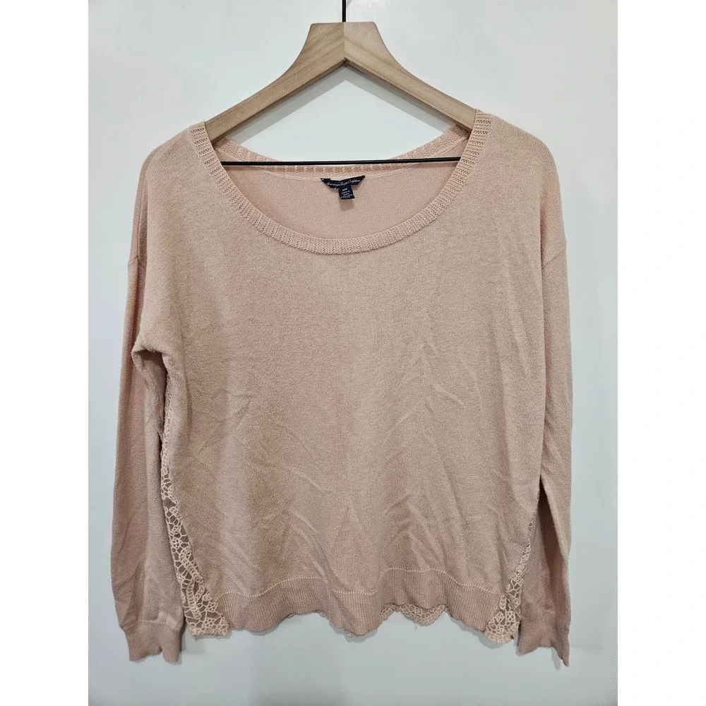 American Eagle Outfitters Women Peach Lace Back Crochet Pullover Sweater Medium